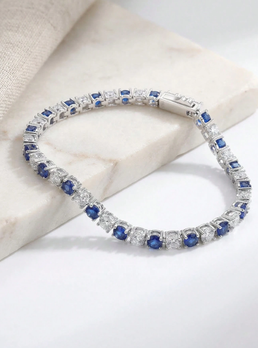925 Sterling Silver Blue Topaz Tennis Bracelet – 4A Cubic Zirconia Luxury Tennis Chain Bracelet for Women