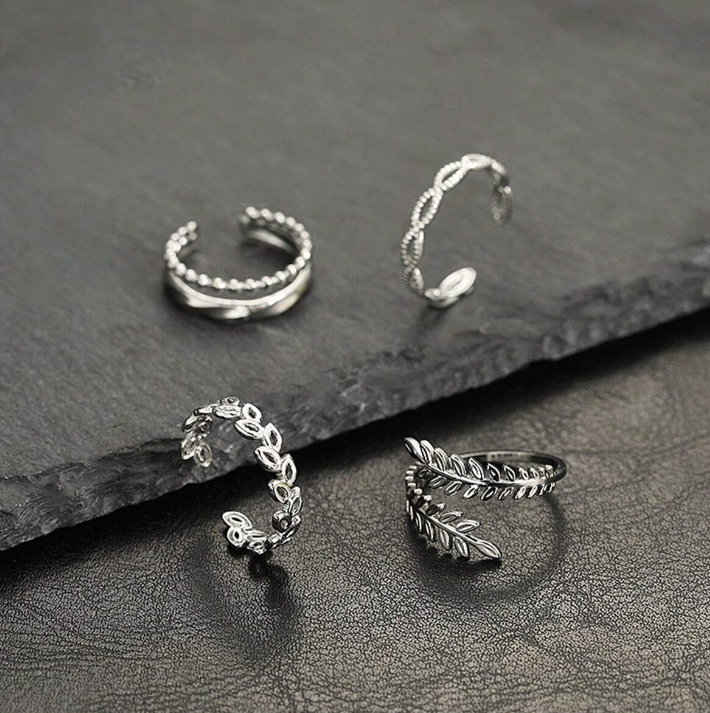 COINBUFF 4-Piece Adjustable Leaf Ring Set for Women – Solid Gold & Sterling Silver Elegant Stackable Rings