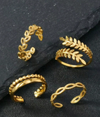 COINBUFF 4-Piece Adjustable Leaf Ring Set for Women – Solid Gold & Sterling Silver Elegant Stackable Rings