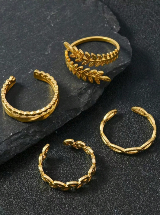 COINBUFF 4-Piece Adjustable Leaf Ring Set for Women – Solid Gold & Sterling Silver Elegant Stackable Rings