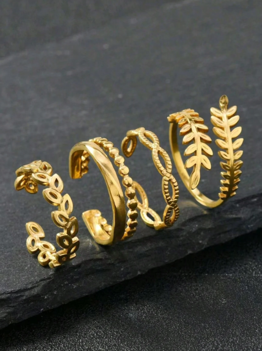 COINBUFF 4-Piece Adjustable Leaf Ring Set for Women – Solid Gold & Sterling Silver Elegant Stackable Rings