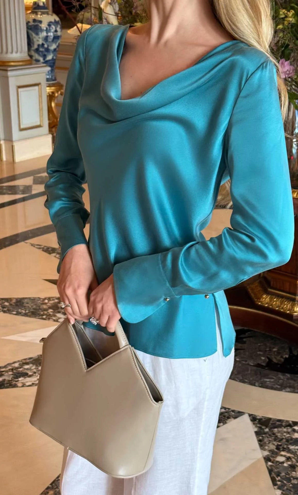 Claudia Luxe Silk Cowl Neck Blouse – Elegant Satin Draped Top