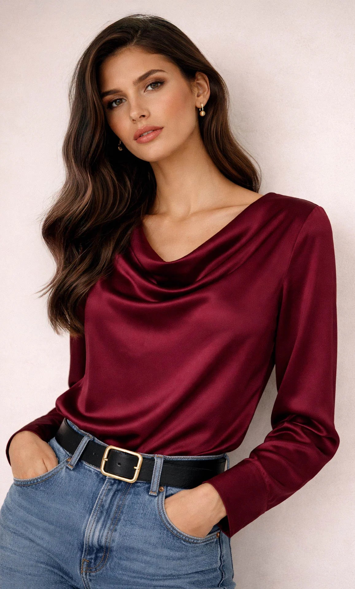 Claudia Luxe Silk Cowl Neck Blouse – Elegant Satin Draped Top