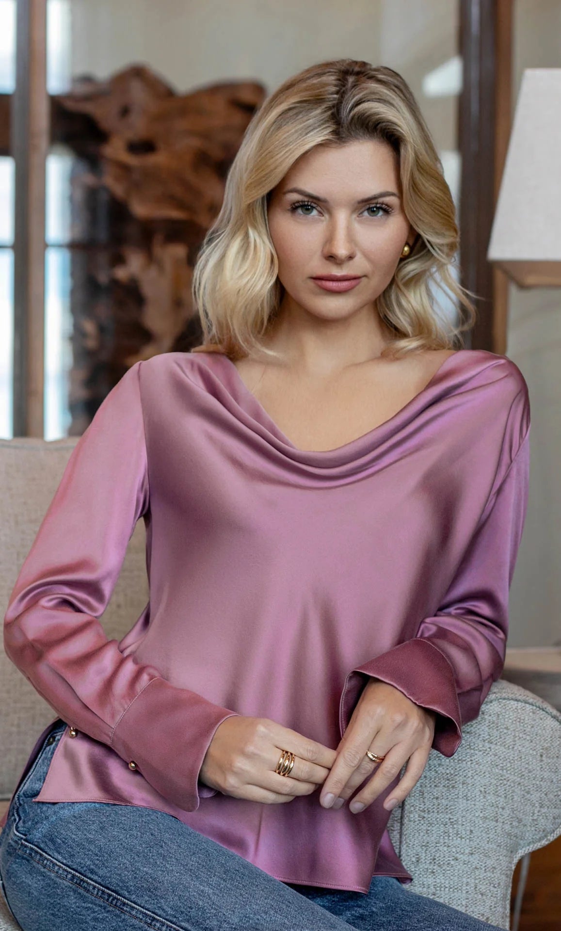 Claudia Luxe Silk Cowl Neck Blouse – Elegant Satin Draped Top