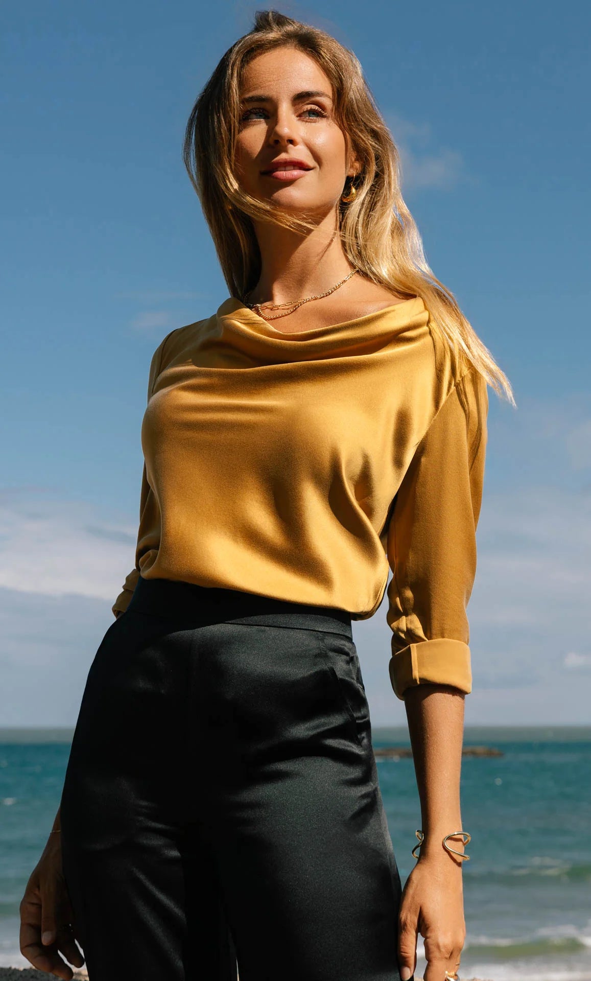 Claudia Luxe Silk Cowl Neck Blouse – Elegant Satin Draped Top