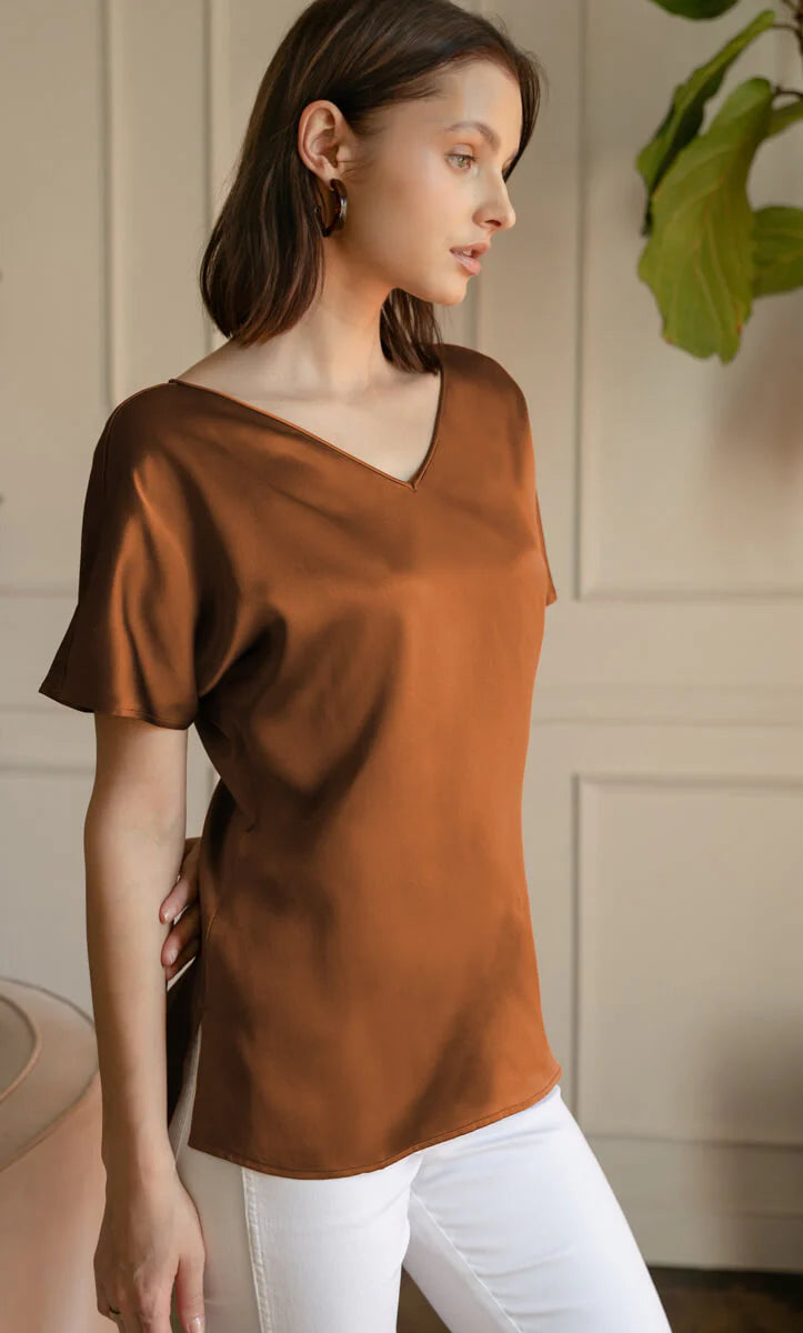 Women’s Silk Satin Blouse – Elegant V-Neck Silk Top