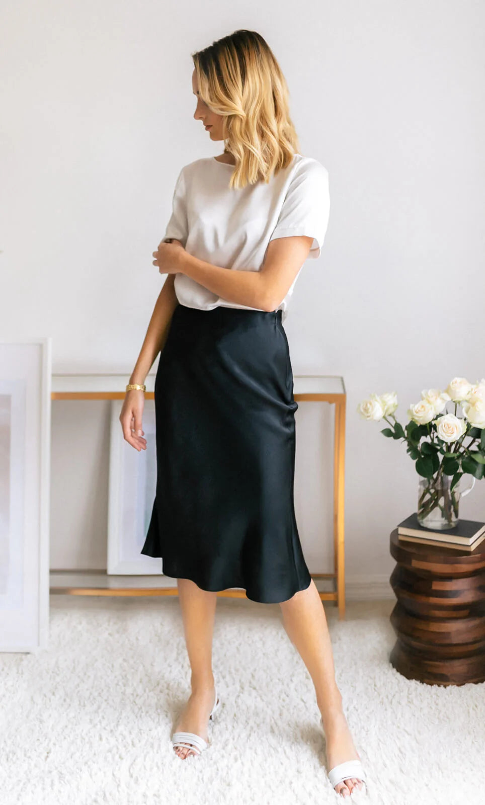 Alessa Luxe Silk Satin Midi Skirt