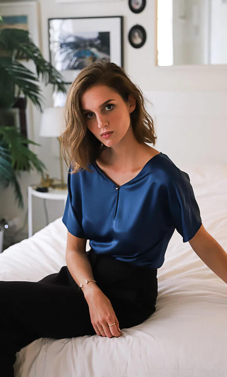 Women’s Silk Satin Blouse – Elegant V-Neck Silk Top