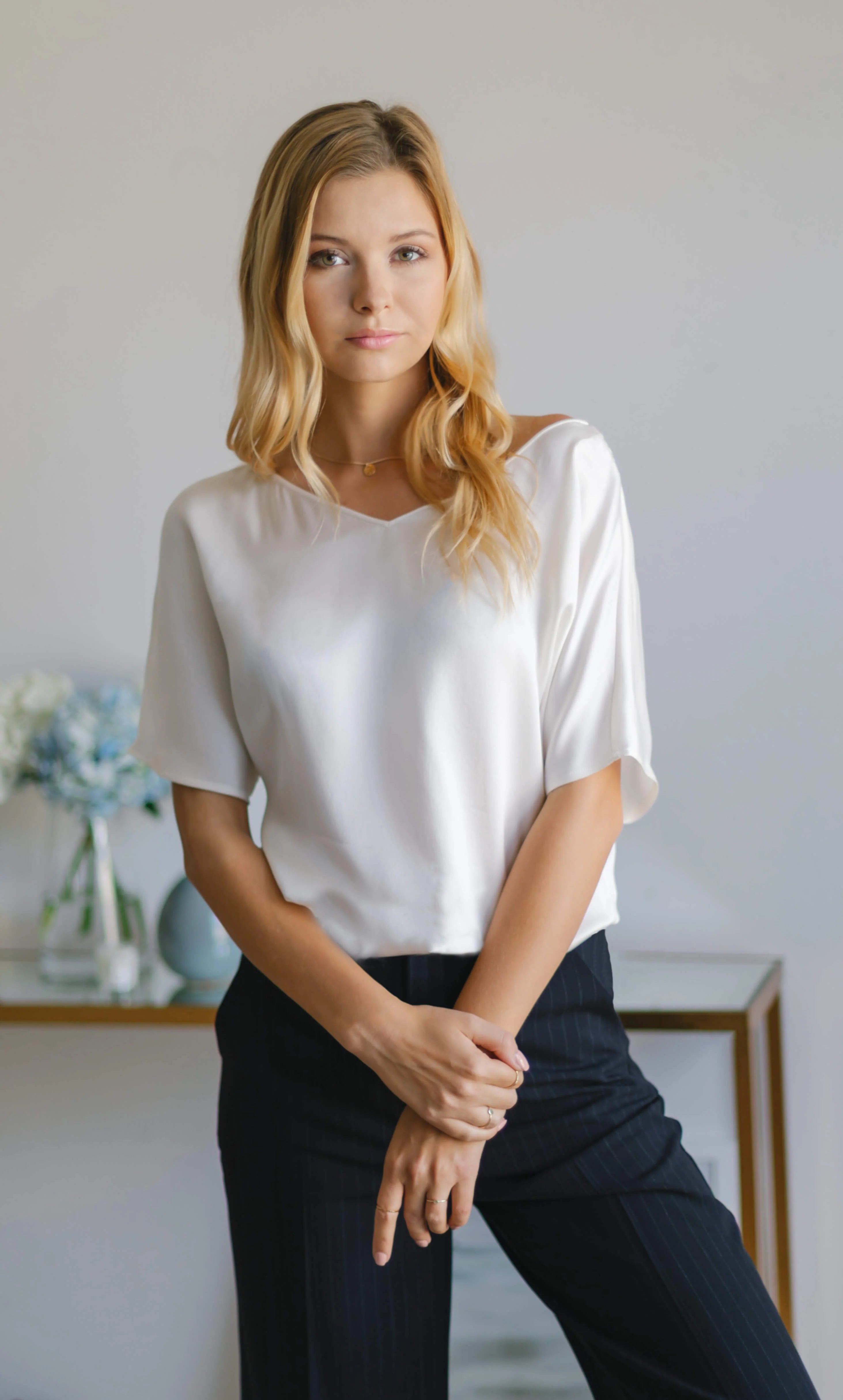 Women’s Silk Satin Blouse – Elegant V-Neck Silk Top
