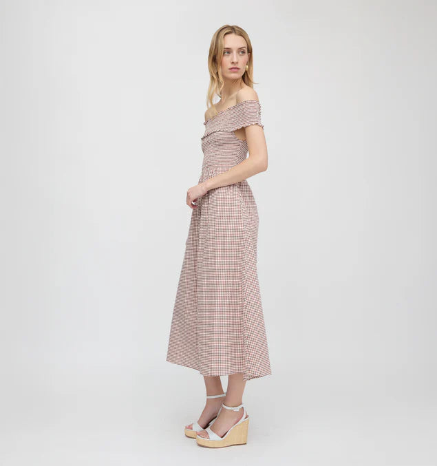 Women’s Off-Shoulder Smocked Midi Dress – Elegant Plaid Dress