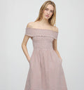 Women’s Off-Shoulder Smocked Midi Dress – Elegant Plaid Dress