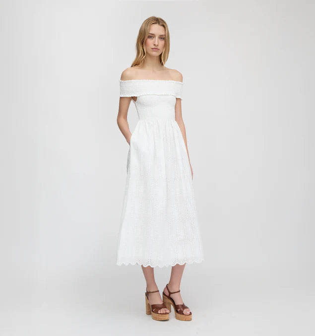 Women’s Off-Shoulder Smocked Midi Dress – Elegant Plaid Dress